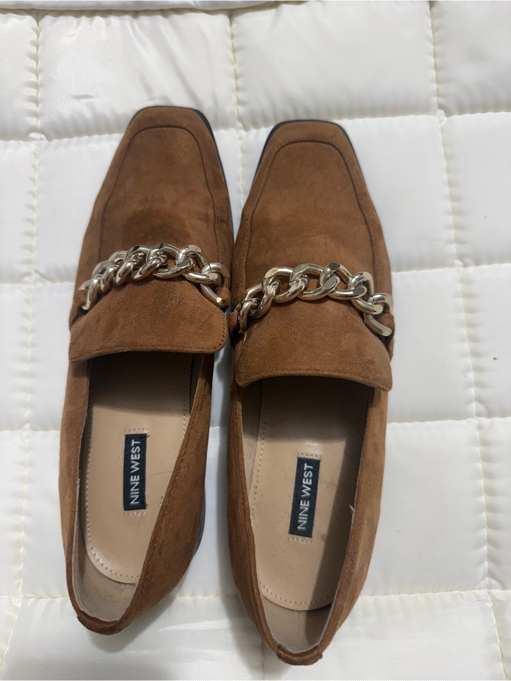 Nine West Brown Suede Chain-Trim Loafers